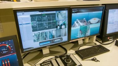 Cruise Ship motor kontrol odası Iç bilgisayar monitörleri ile tekne çevresinde kamera ve teknik sistemleri gösteren deniz seyir ederken