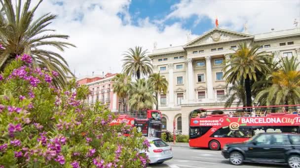 Тур Испании Барселона Открыл Топ Тур Красных Автобусах Rambla Фоне — стоковое видео