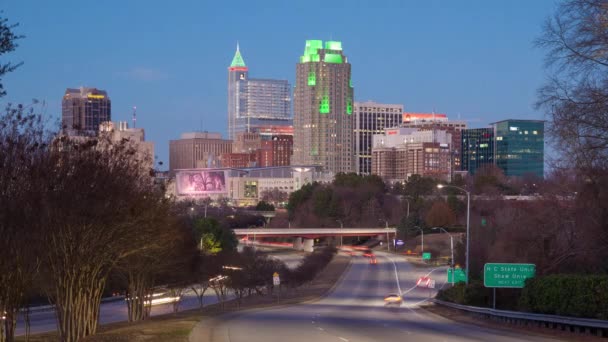 Raleigh Cityscape Night Timelapse Moving Traffic Entering Downtown Sun Sets — Stock Video