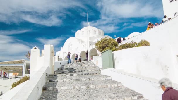 Santorini Greece Metropolitan Orthodox Cathedral White Building Exterior Local People — Stock Video
