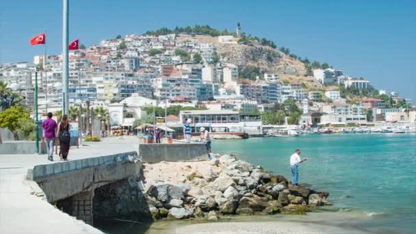 Kusadasi Turkey Seaside Promenade Tourists Walking Marine Parade Locals Fishing — стоковое видео