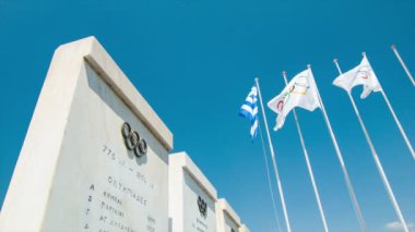Atina Yunanistan Olimpiyat Panathenaic Stadyumu Antik Olympian Landmark Mekan Bayraklı Beyaz Mermer Taş İşaretler Tarihi Bilgi