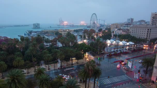 Малага Іспанія Нічний Міський Пейзаж Час Від Дня Ночі Порту — стокове відео