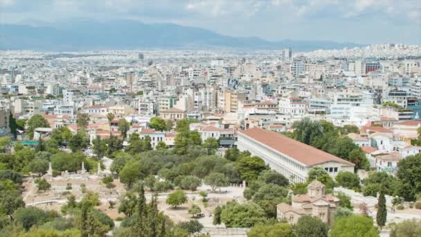 Vista Sobre Ciudad Atenas Grecia Con Monumentos Históricos Incluyendo Ruinas — Vídeos de Stock