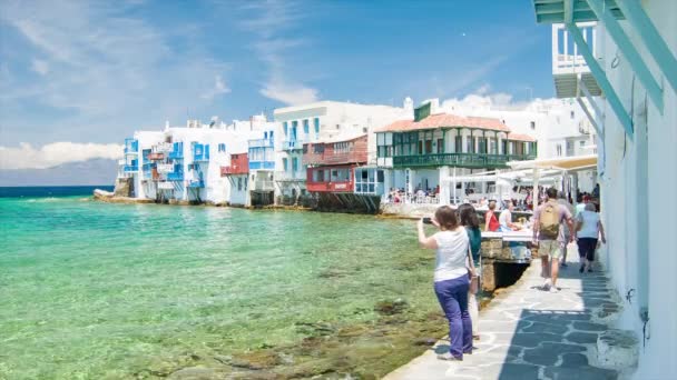 Pequeña Venecia Isla Mykonos Grecia Con Edificios Escénicos Restaurantes Locales — Vídeos de Stock
