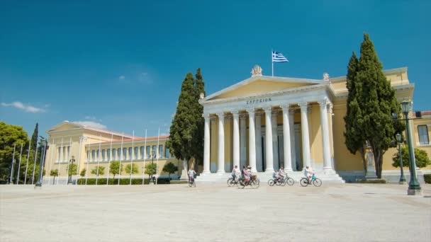 Athens Greece Zappeion Stately Hall Exterior Biking Tourrists Sightseeing Historical — стоковое видео