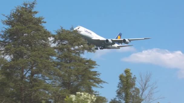 ワシントン Dcルフトハンザボーイング747 8ジェット旅客機ダレス国際空港Iadへの最終アプローチ — ストック動画