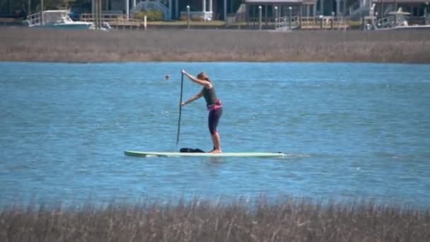 Wilmington Woman Paddleboarding Intercoastal Waterway River Dia Ensolarado Perto Wrightsville — Vídeo de Stock