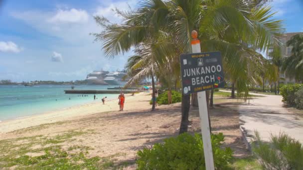 Cena Vibrante Praia Junkanoo Nassau Bahamas Com Turistas Que Apreciam — Vídeo de Stock