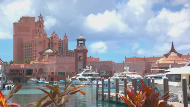 拿骚巴哈马亚特兰蒂斯度假酒店外部从滨海与热带植物包围豪华游艇在巴哈马首都的阳光异国情调设置 — 图库视频影像