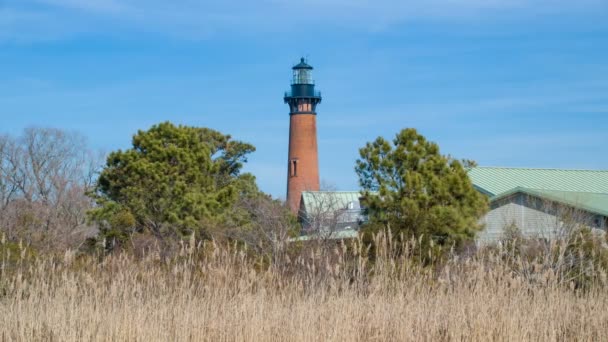 Äußeres Ufer Currituck Strand Leuchtturm Carolla Einem Sonnigen Wintertag Norden — Stockvideo