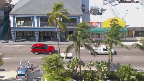 바하마 수도에서 화창한 나무와 상점앞을 지나가는 자동차와 바하마 다운타운 스트리트 — 비디오