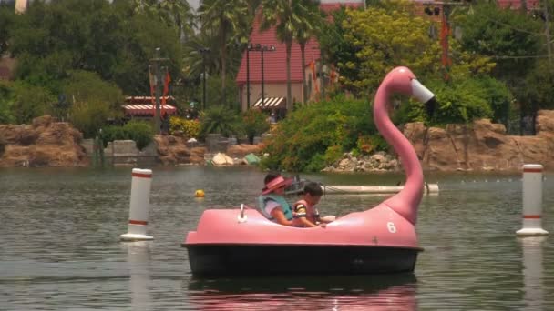 Mor Och Barn Som Har Bra Tid Rosa Flamingo Paddelbåt — Stockvideo