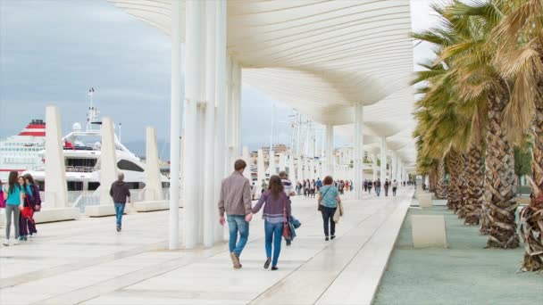 Málaga Espanha Pessoas Caminhando Longo Paseo Espana Plaza Marina Mediterrâneo — Vídeo de Stock