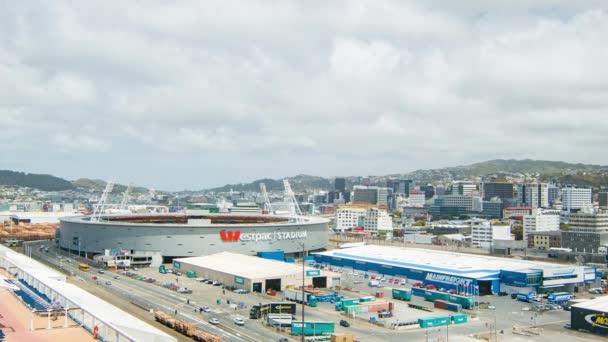 Wellington New Zealand Westpac Stadium Amplo Tiro Nome Com Trânsito — Vídeo de Stock