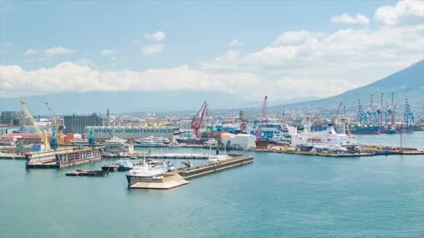 意大利那不勒斯工业波尔图 海湾上有船坞和起重机对维苏威火山 — 图库视频影像