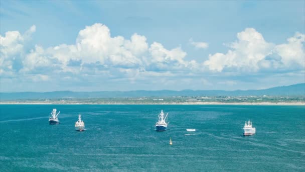 Manta Ecuador Boats Waiting Harbour Enter Commercial Seaport South America — Stock Video