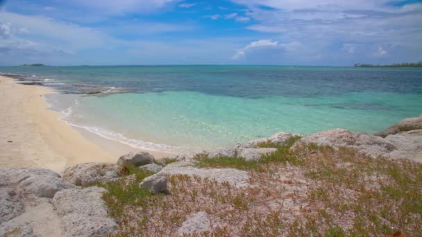 バハマの首都の晴れた日にピンクの砂に壊れる青い水の鮮やかな色とサンダースビーチのナッソーのエキゾチックなバハマビーチシーン — ストック動画