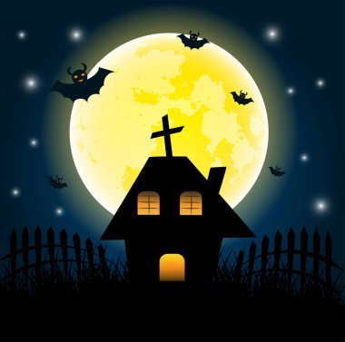 Cadılar Bayramı gün ve sarı Moon background.vector, illüstrasyon koyu ev.