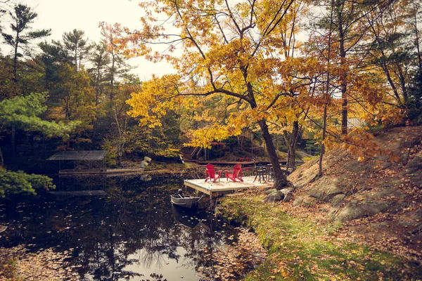 Pair Red Chairs Cottage Dock — Stock Photo, Image