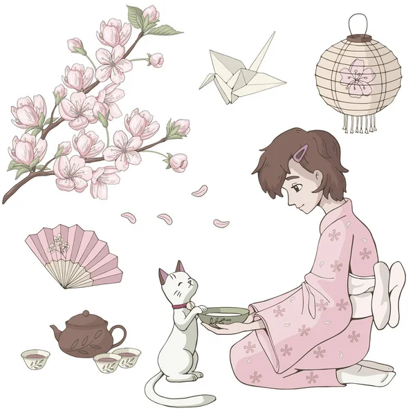 Vektör seti Japonya elemanları ile kız ve sakura beyaz izole. Japonya Hanami Festivali İllüstrasyon.