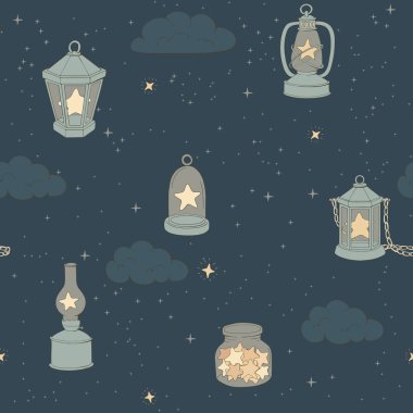 Erkekler için fenerler bulutlar ve yıldızlar ile Vektör dikişsiz desen