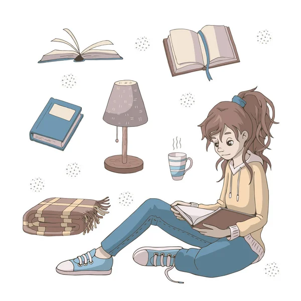 Kitap, çay fincan, okuma lambası ve ekose ile Karikatür kız. Farklı kitapların vektör seti. Beyaz arka planda yalıtılmış nesneler.