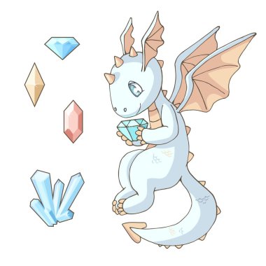 bir değerli taş ve çeşitli kristaller ile ute karikatür ejderha. Beyaz arka planda yalıtılmış nesneler. Hediye kartı ve çocuk ürünleri için dekor elemanları. Vektör illüstrasyon. Hafif pastel olor paleti.