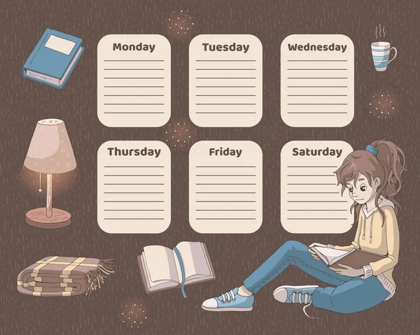 Fahrplan Für Die Schule Wochenplaner Vorlage Mit Cartoon Mädchen Büchern — Stockvektor