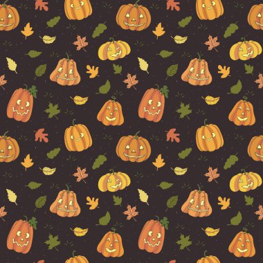 Halloween tema çizimleri yapılan dikişsiz desen. ute karikatür kabaklar ve sonbahar yaprakları. Tasarım için sonsuz doku. Vektör illüstrasyon. Çocuk ürünleri için.