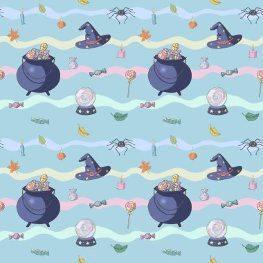 Cadı madde çizimleri (kazan, şapka, kristal küre, örümcek), sonbahar yaprakları ve çeşitli şekerler yapılmış Dikişsiz desen. Hile veya tedavi / halloween tema. Vektör illüstrasyon. Çocuk ürünleri için.