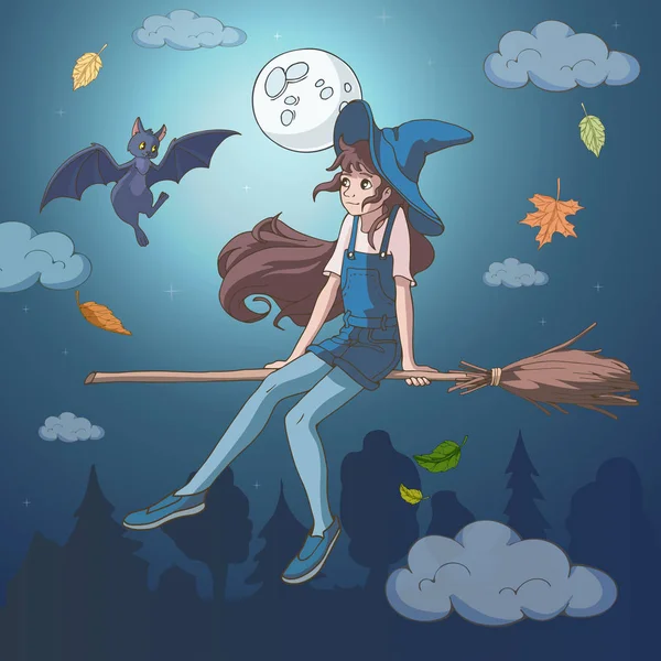 Noc Halloween Ilustracja Wektorowa Cute Cartoon Witch Pływające Jej Miotła — Wektor stockowy