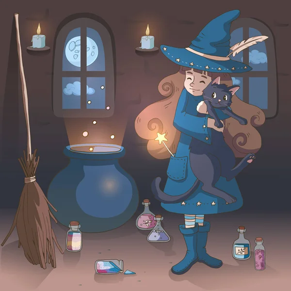 可爱的卡通女巫抱着一只黑猫 站在她的锅 药水瓶和扫把旁边 矢量插图 儿童产品 恤和贺卡的装饰元素 — 图库矢量图片