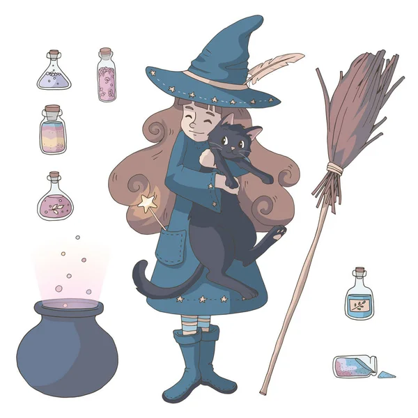 Cute Cartoon Witch Jej Czarny Kot Różne Butelki Eliksir Magia — Wektor stockowy