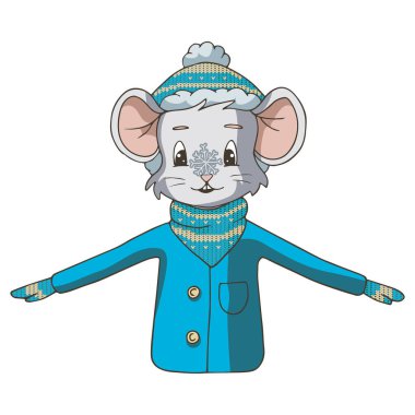 Cute cartoon mouse (rat) wearing a coat and knitted mittens with a snowflake on the nose. Isolated objects on white background. Decor elements for gift card and kids products. Vector illustration.