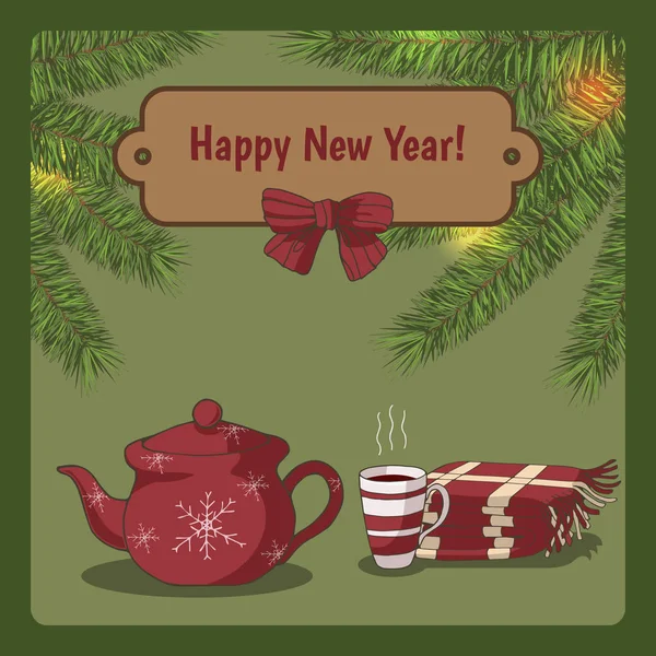 Glückwunschkarte Für Das Neue Jahr Mit Fichtenzweigen Festlicher Teekanne Und — Stockvektor