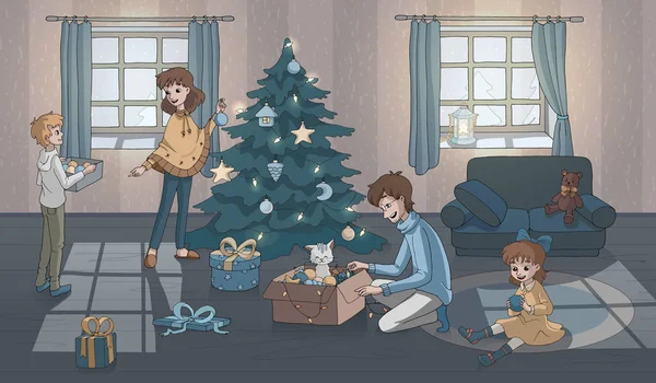 Dad and daughter unpack a box with tree toys. Mother and son decorate the Christmas tree. Family is getting ready for a New Year. Holiday preparations life scene. Parents with children and a cat.