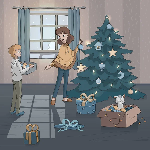 Mother and son decorate the Christmas tree. Cat sitting in a box with tree toys. Vector illustration. Decor element for gift card and kids products. Family life scene.