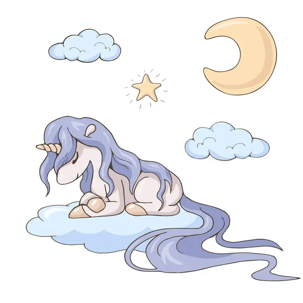 Cute Cartoon Unicorn Sleeping Cloud Night Sky Isolated Objects White — Stock Vector