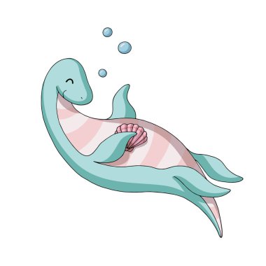 Deniz kabuğuyla yüzen şirin bir dinozor. Nazik turkuaz ve pembe pastel renkler. Vektör çizimi. Beyaz arka planda tek bir nesne var. Çocuk ürünleri için dekor ögesi.