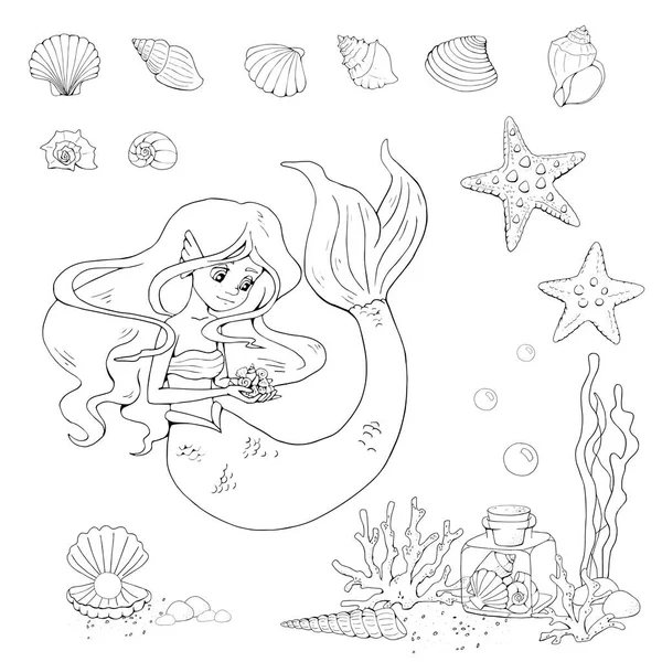 Cute Cartoon Mermaid Starfish Glass Jar Various Shells Seaweed Sea — Stock Vector