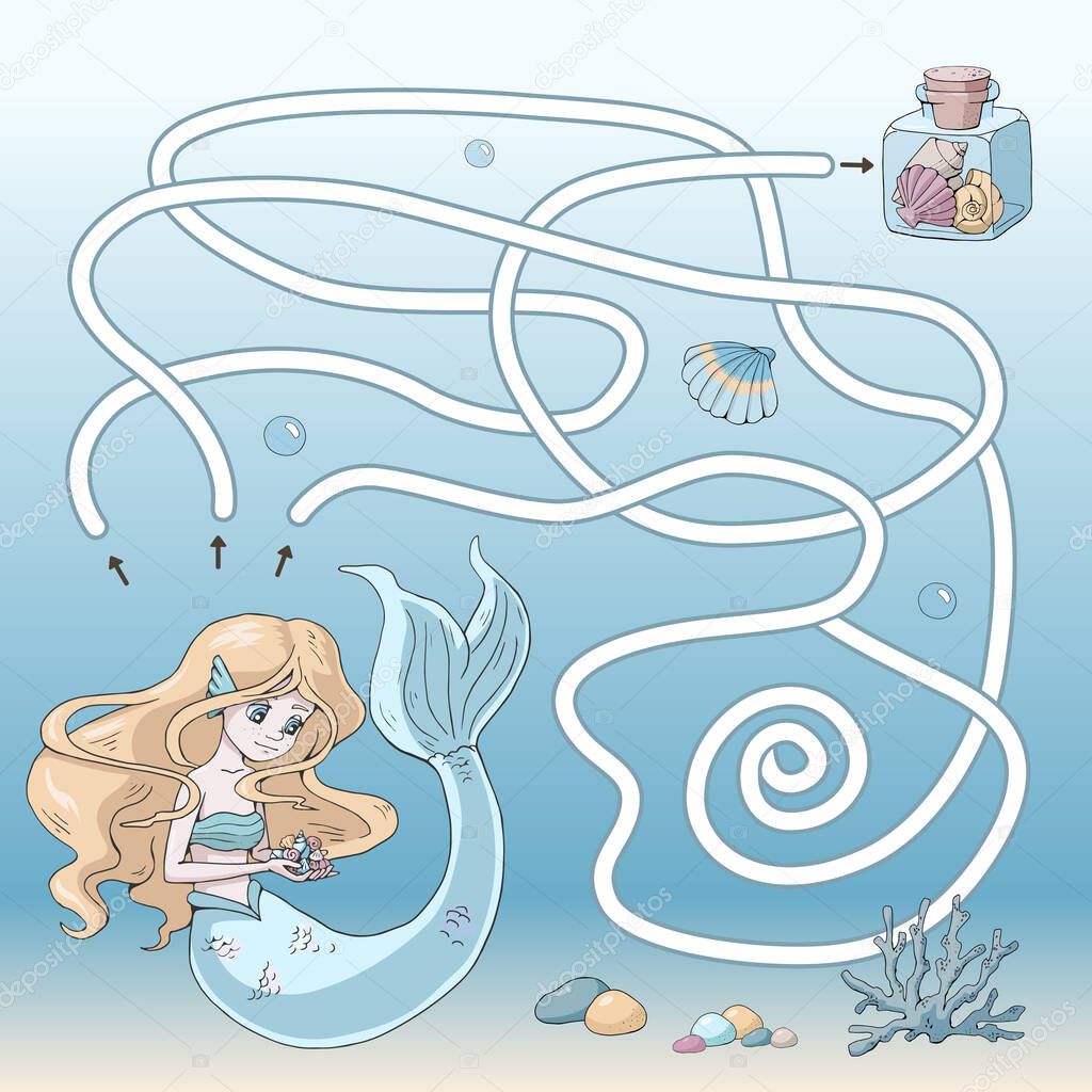 Labyrinth. Maze game for kids. Help  cute cartoon mermaid find path to glass jar with various shells. Sea theme. Vector illustration. Light blue and yellow pastel colors.