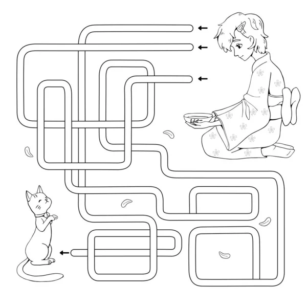 Labirent. Çocuklar için labirent oyunu. Yukata giyen tatlı anime kızın Maneki Neko 'yu beslemesine yardım et. Kediye giden yolu bul. Japonya Hanami Festivali. Boyama kitabı için beyaz ve siyah vektör çizimi.
