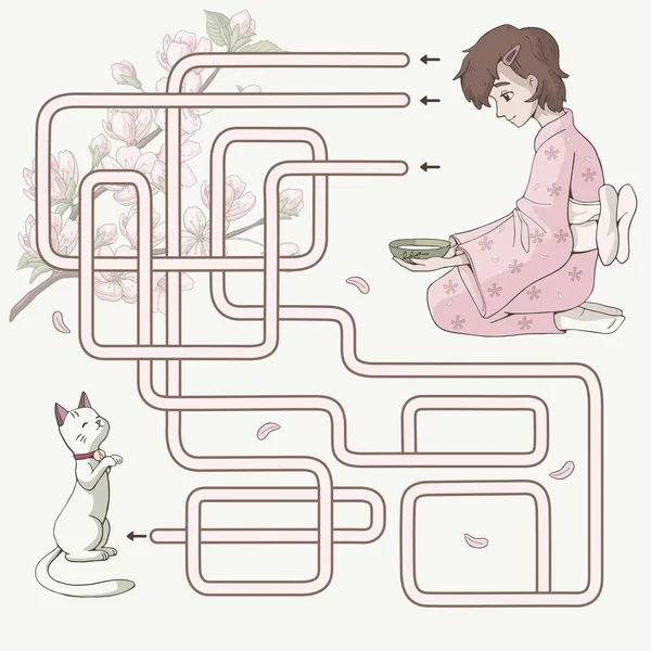Labirent. Çocuklar için labirent oyunu. Yukata giyen tatlı anime kızın Maneki Neko 'yu beslemesine yardım et. Kediye giden yolu bul. Pembe ve sarı pastel renkler. Japonya Hanami Festivali 'nin vektör illüstrasyonu.