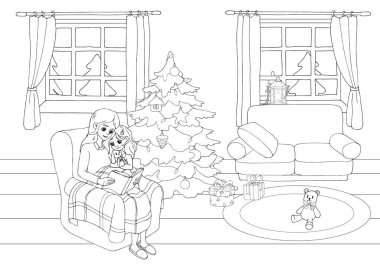 Annem Noel süslemeli oturma odasında kızına masal okur. Anne çocuğuna bir kitap okuyor. Aile hayatı sahnesi. Boyama kitabı için beyaz ve siyah vektör çizimi.