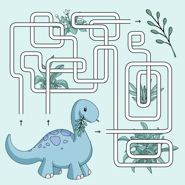 Labyrinth Maze Game Kids Help Cute Cartoon Dinosaur Find Path — Stock Vector