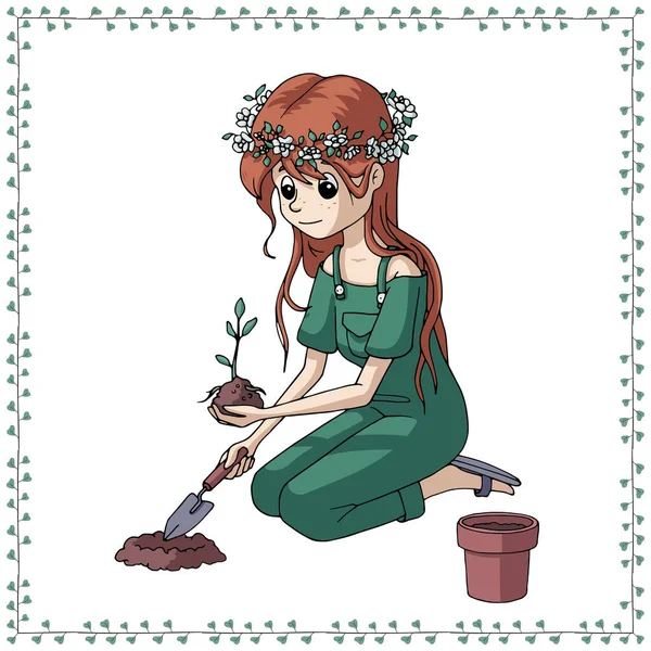 Menina Bonito Desenho Animado Trabalhando Jardim Com Ferramentas Jardinagem Jardineiro — Vetor de Stock