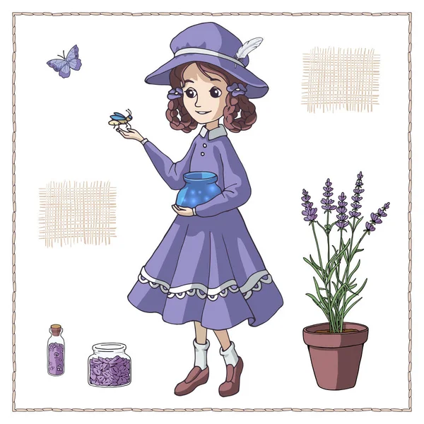 穿着紫色复古服装的卡通片女孩拿着一只装有萤火虫的玻璃瓶 一套薰衣草元素 普罗旺斯风格 古埃及矢量图解 白色背景上的孤立物体 — 图库矢量图片