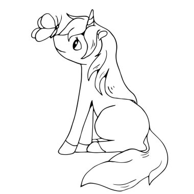 Burnunda kelebek olan şirin tek boynuzlu at çizgi filmi. Beyaz arka planda tek bir nesne var. Boyama kitabı için beyaz ve siyah vektör çizimleri.