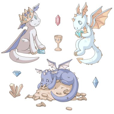 Ejderhalar ve hazineleri. Üç sevimli çizgi film ejderhası, değerli taşlar ve altın paralar. Beyaz arka planda izole nesneler. Hediye çeki ve çocuk ürünleri için dekor unsurları. Vektör illüstrasyonu.